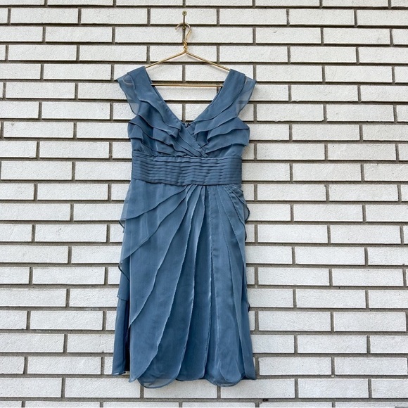 Adrianna Papell Tiered Chiffon Cocktail Dress Steel Gray Blue Formal Bridesmaid - Picture 1 of 12
